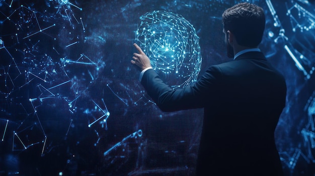 Neural network visualization displaying deep learning technology and data processing systems